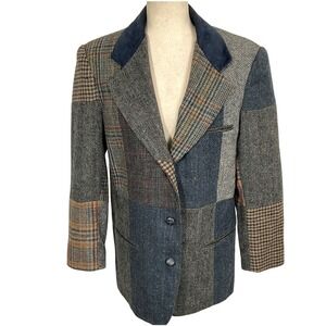 International Scene Blazer Womens 8 Blue Multicolor Plaid Patchwork Texture Wool